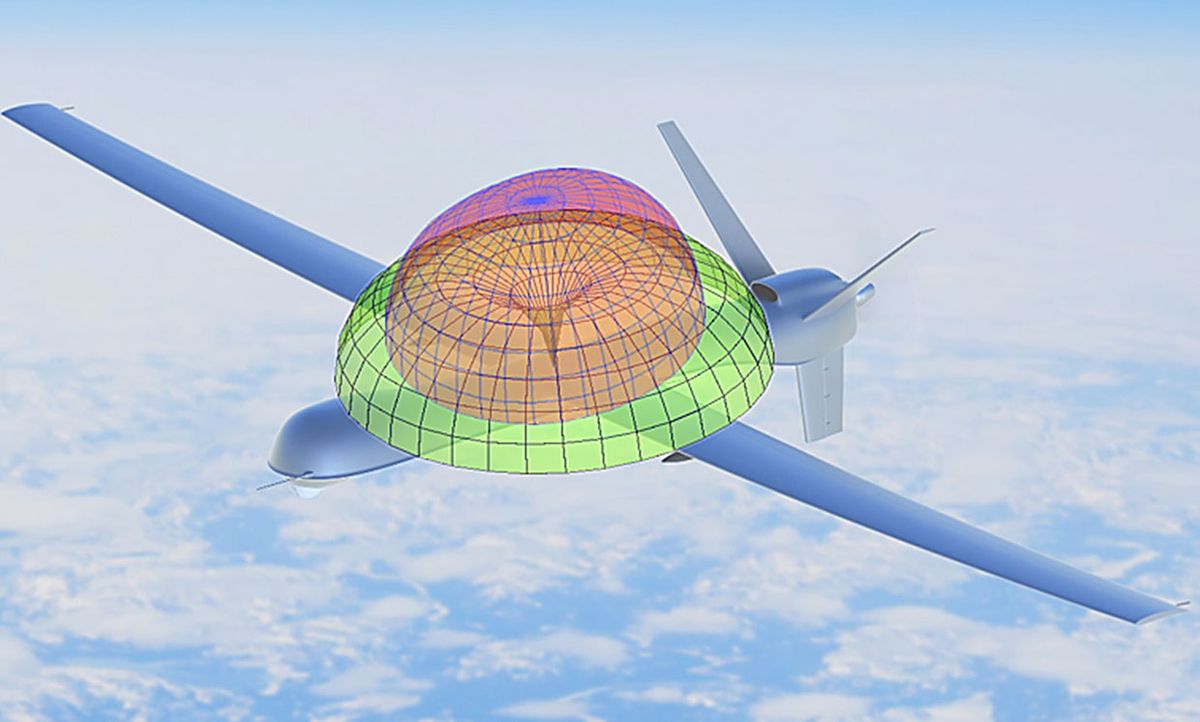 Illustration of a UAV with the novel sabre-like antenna design over it.