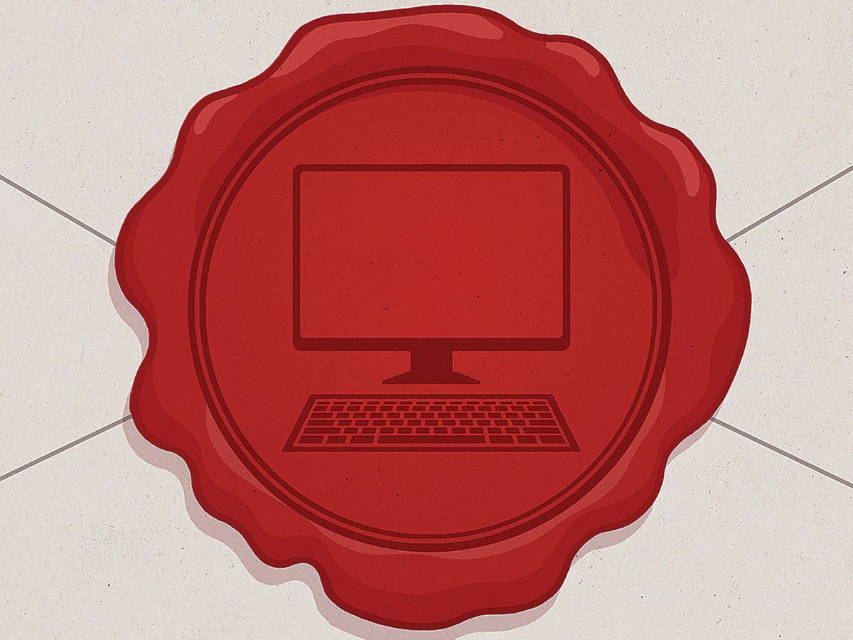 Illustration of a wax seal with a computer on it.