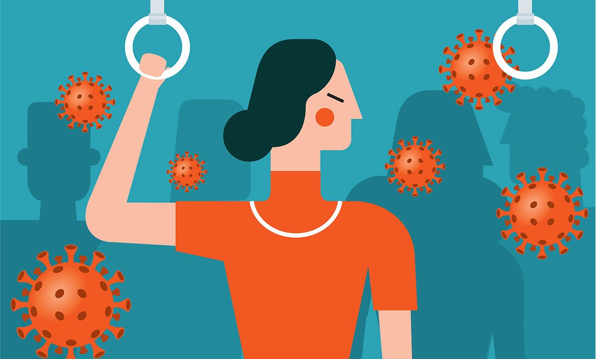 Illustration of a woman commuting to work with silhouettes of people and Coronavirus models.