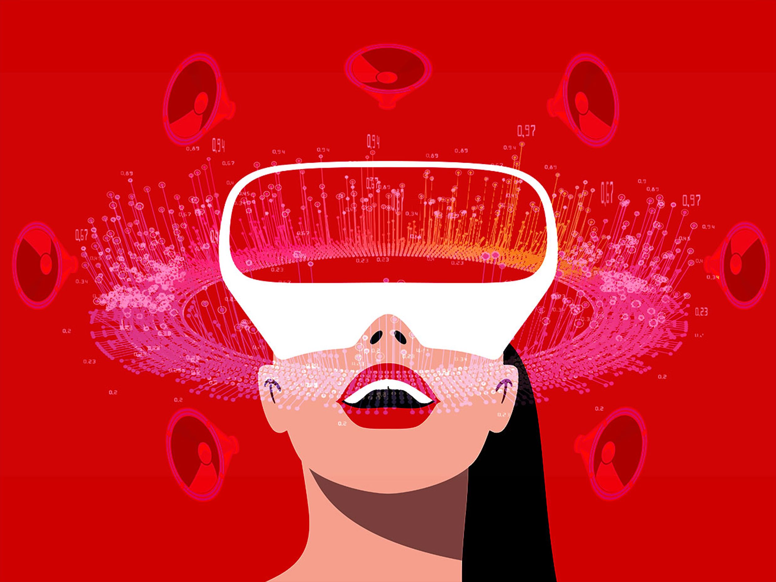 Illustration of a woman looking up through a VR headset, with representations of audio, algorithms, and physical speakers around her.