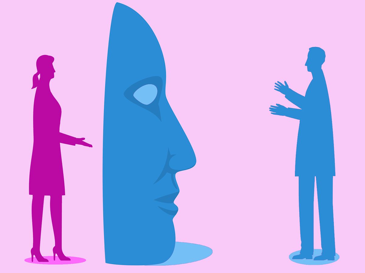 Illustration of a woman, standing behind a male mask, talking to a male colleague.