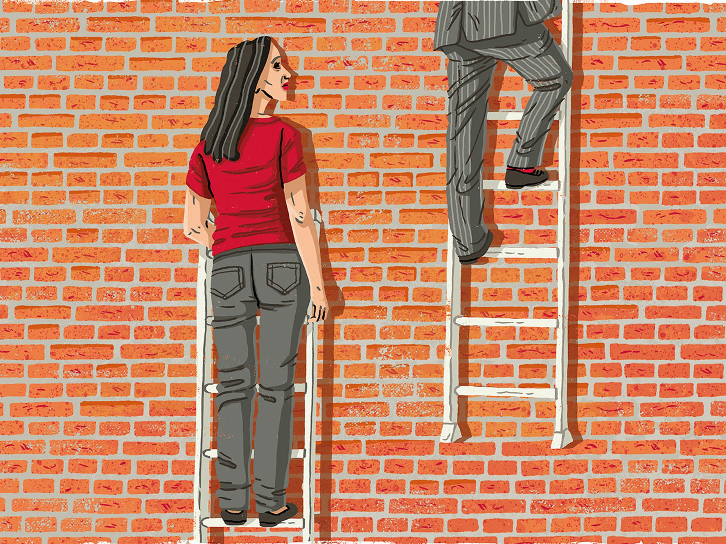Illustration of a woman who cannot climb a ladder that goes no further, while a man climbs a ladder that extends high up.