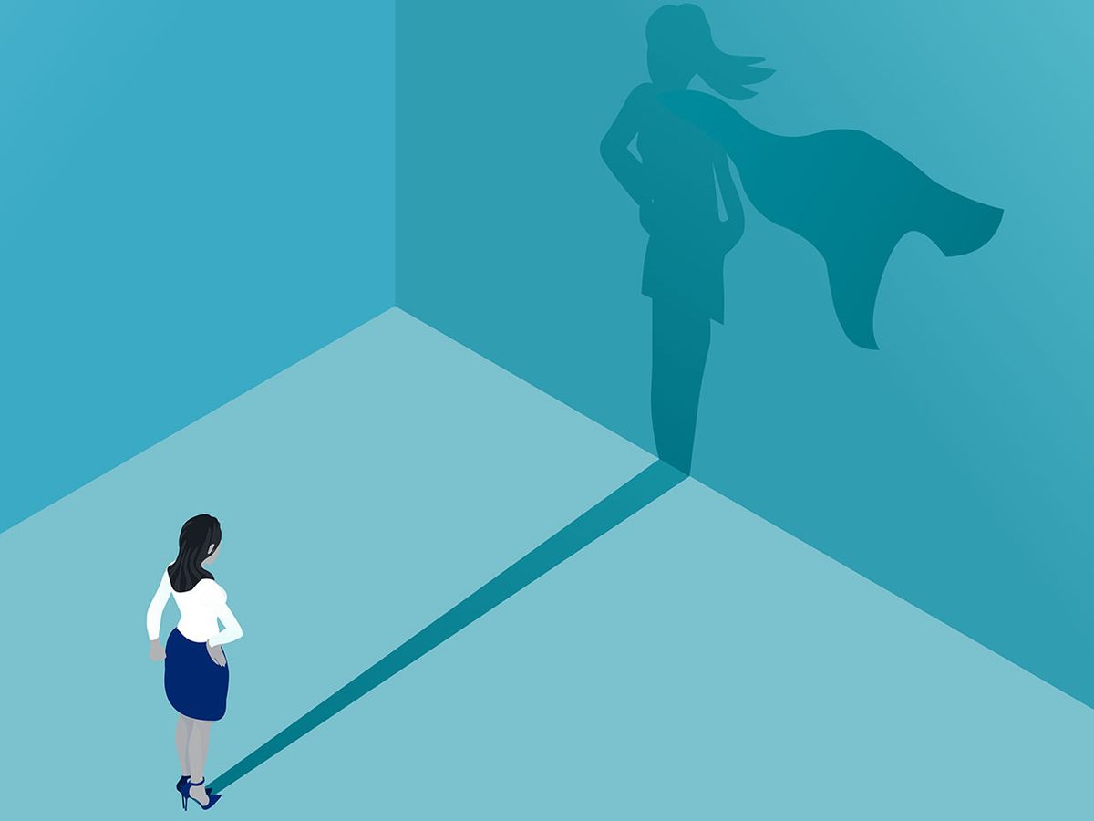 Illustration of a woman whose shadow is that of a superhero.
