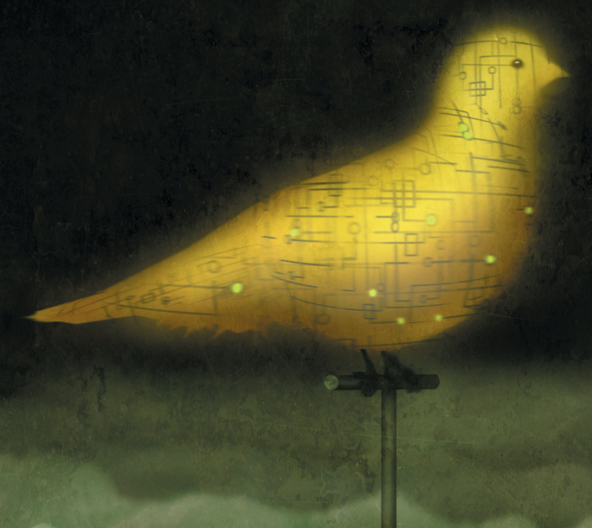 Illustration of a yellow bird covered in lines and dots.  