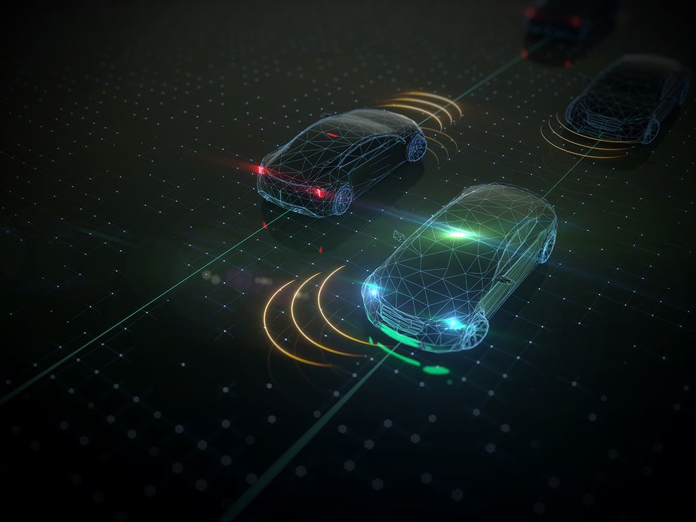 Illustration of AI cars moving in traffic.
