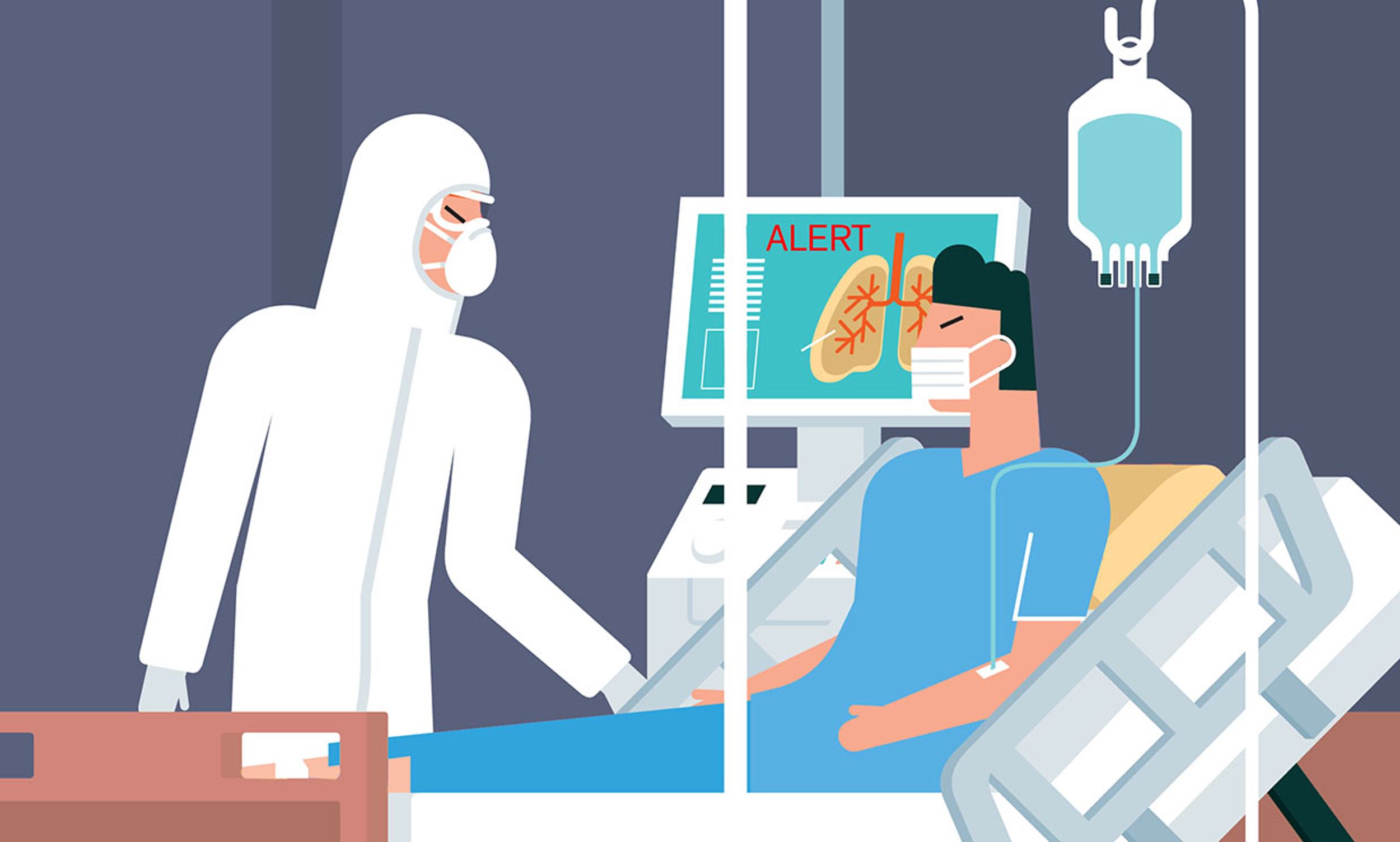 Illustration of AI helping a doctor predict an alert for a COVID19 patient.