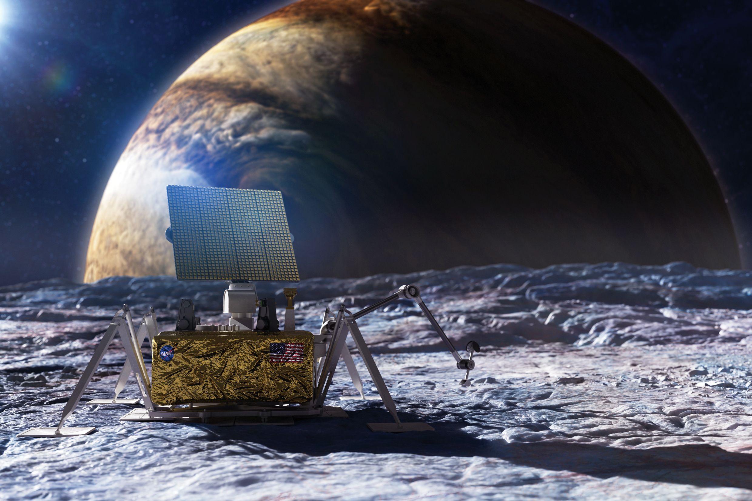 Illustration of an antenna on a moon with Jupiter in the background.