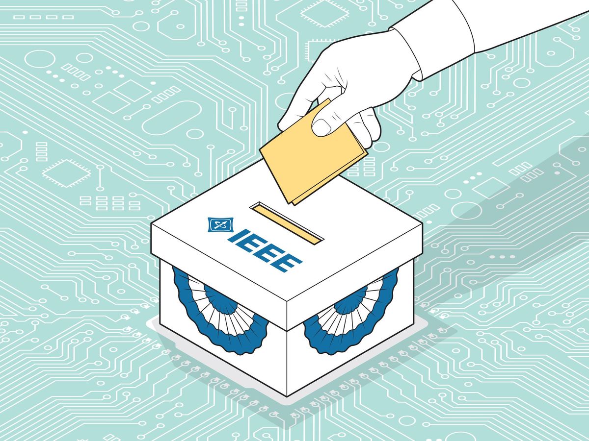 illustration of an arm putting a folded piece of paper into a ballot box with IEEE on the top and a computer network as the background.