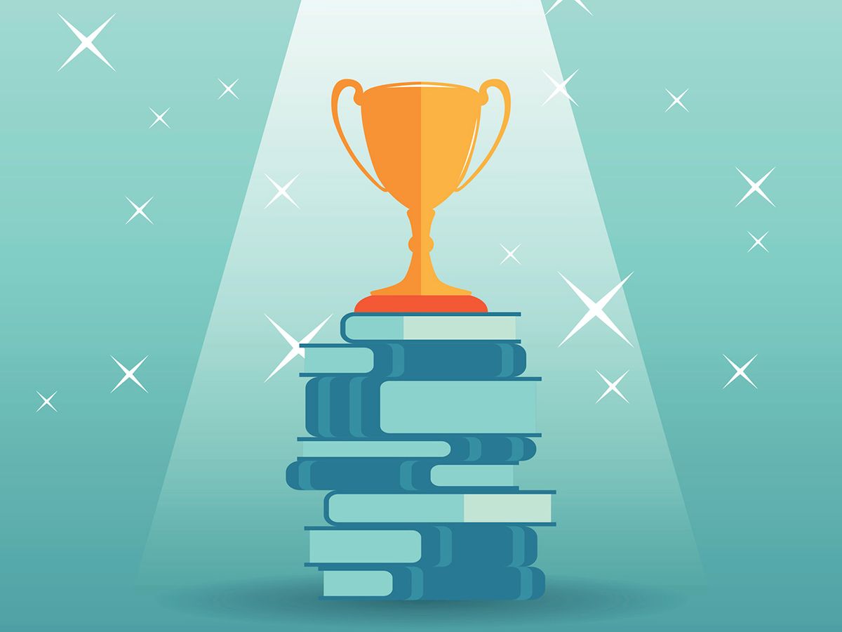Illustration of an award on a stack of books.