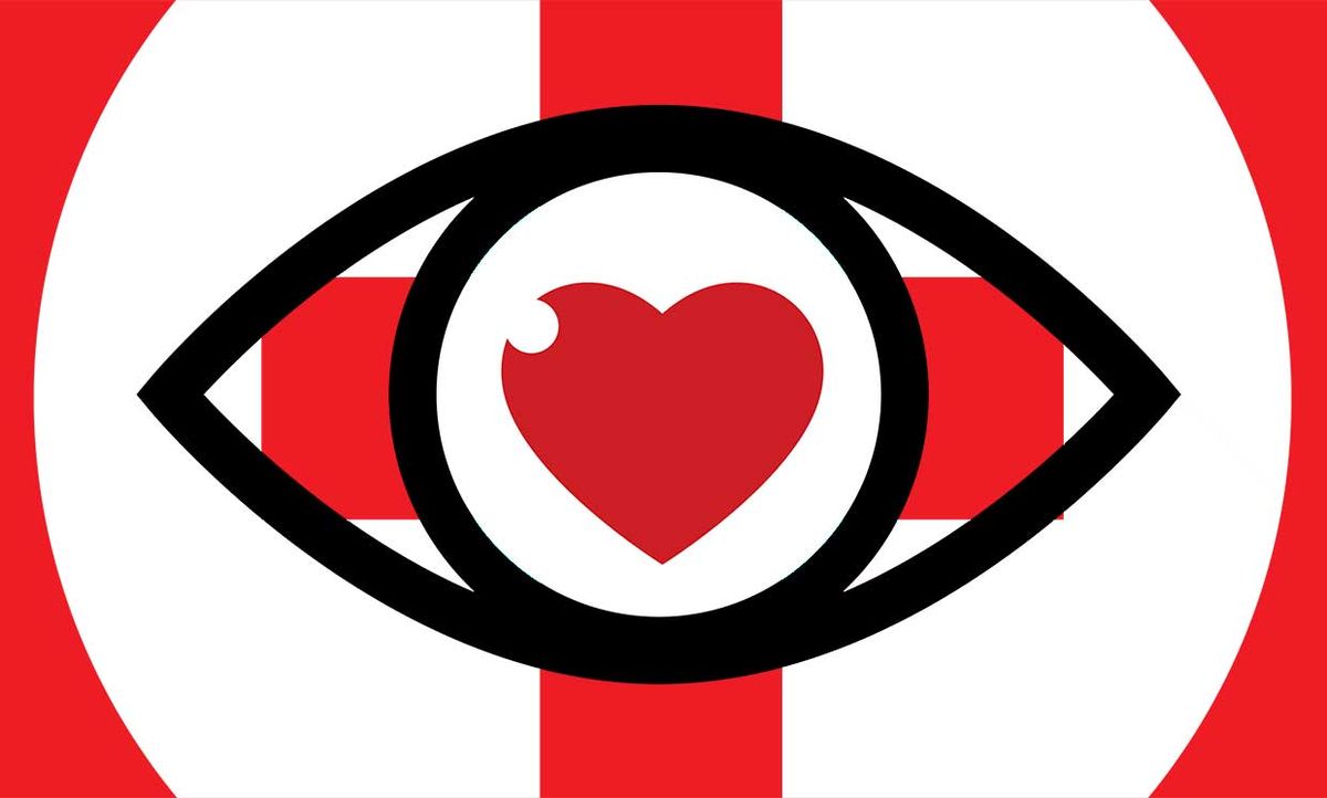 Illustration of an eye with a heart over a medical symbol
