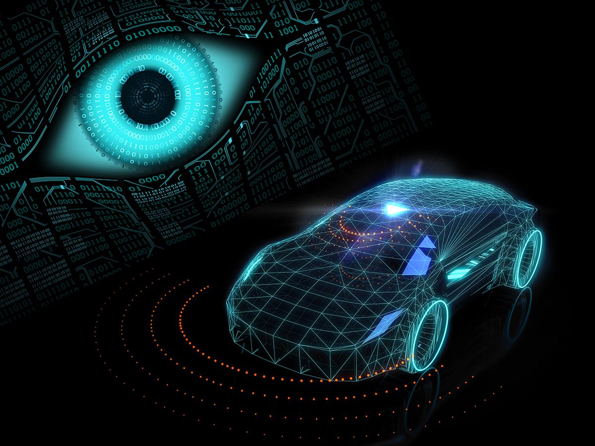 Illustration of an eye with code, looking at an autonomous car below