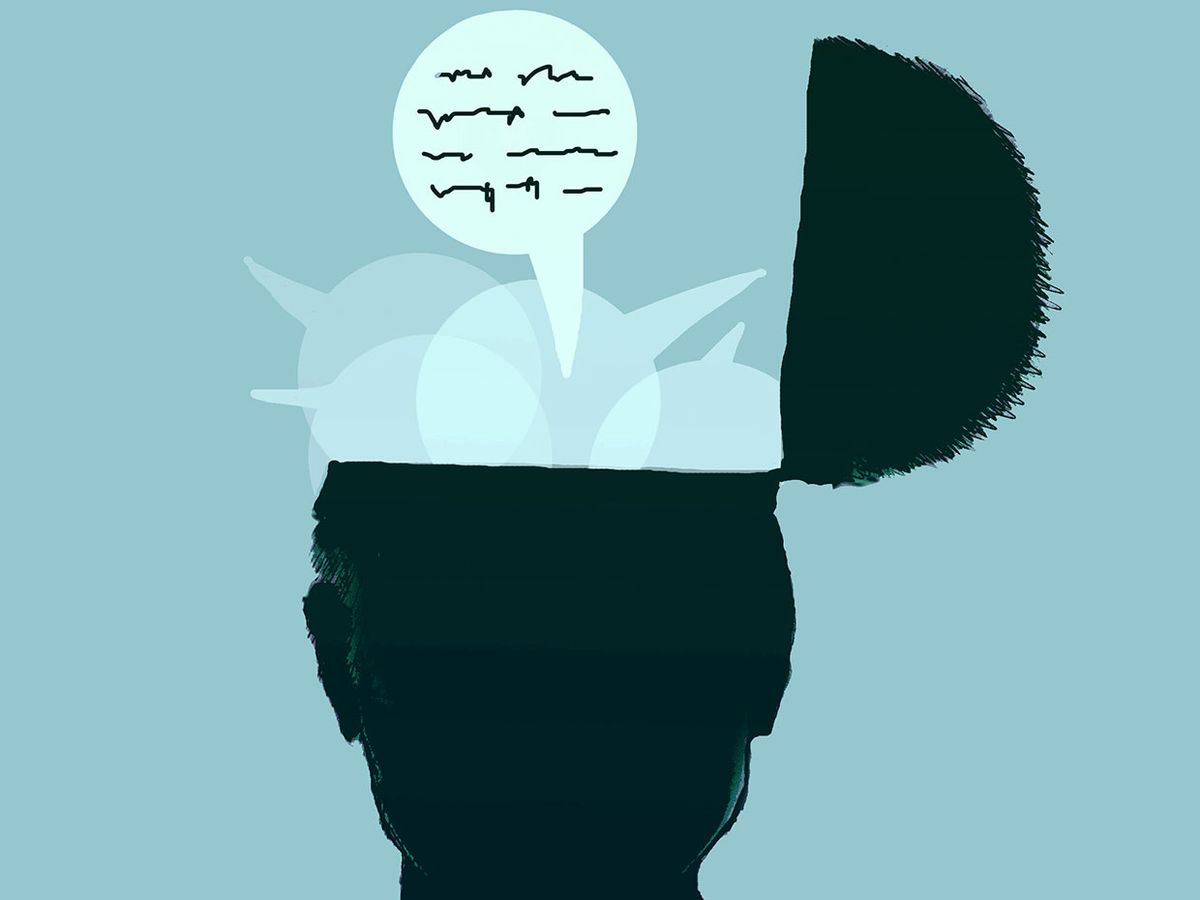 Illustration of an open brain with speech bubbles and sentences.
