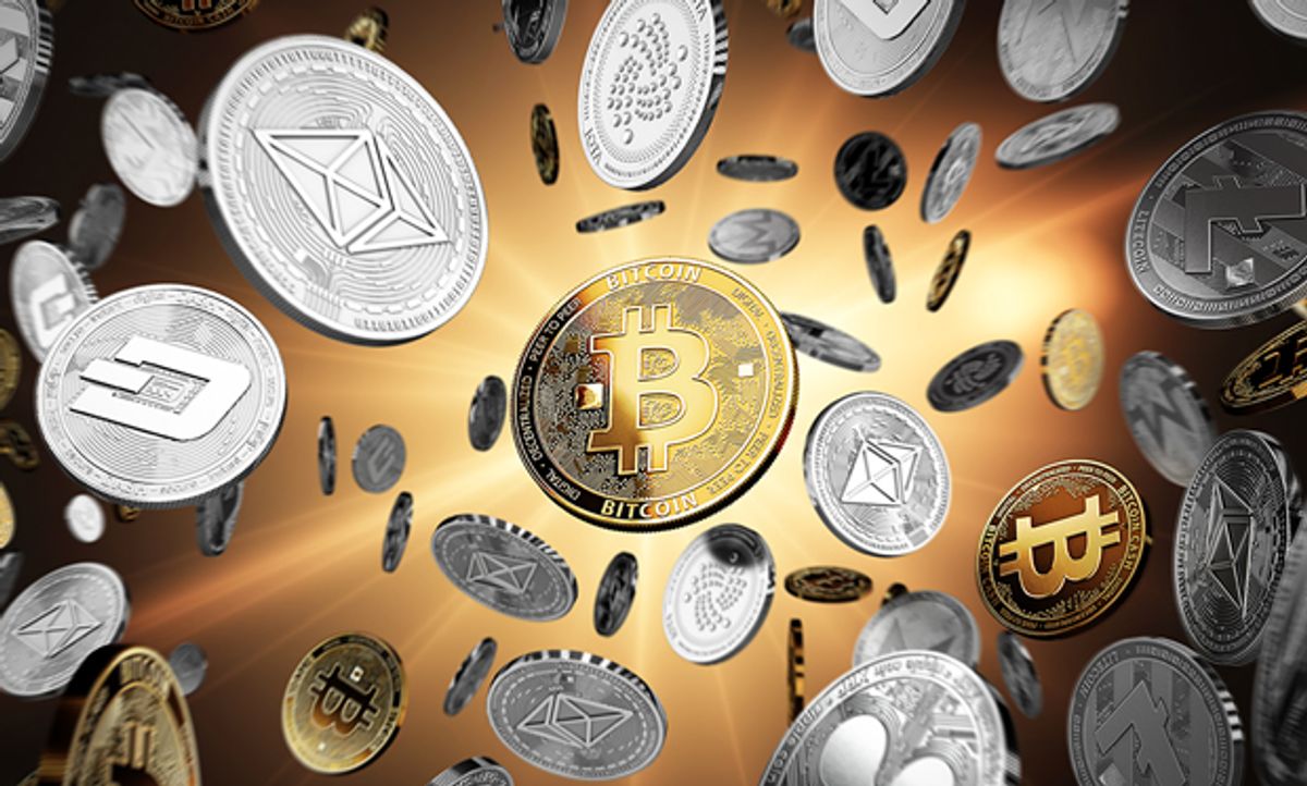 Illustration of bitcoin and other types of cryptocurrency floating on a gold background.