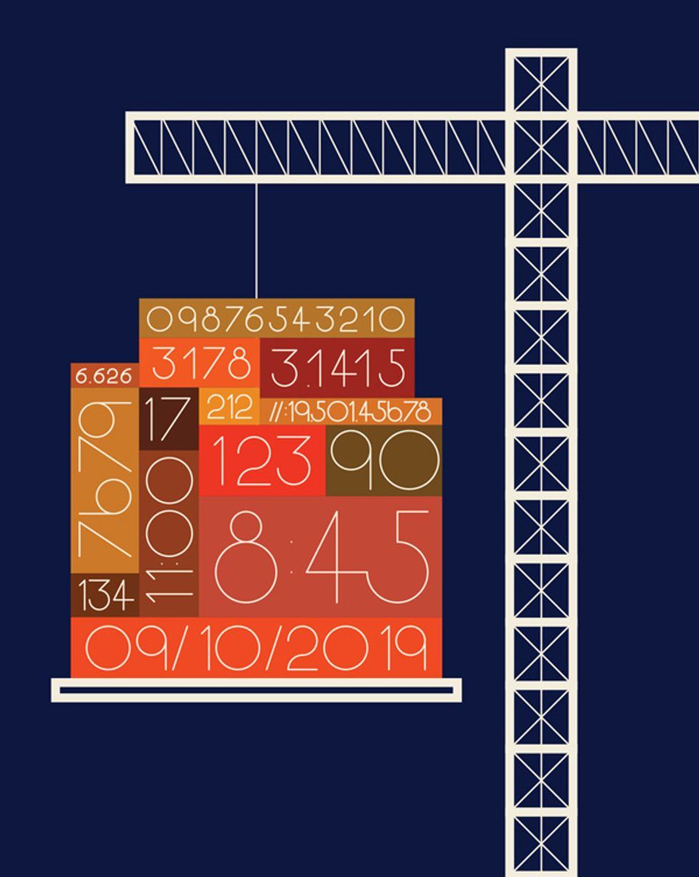 illustration of block of numbers being lifted by a crane.
