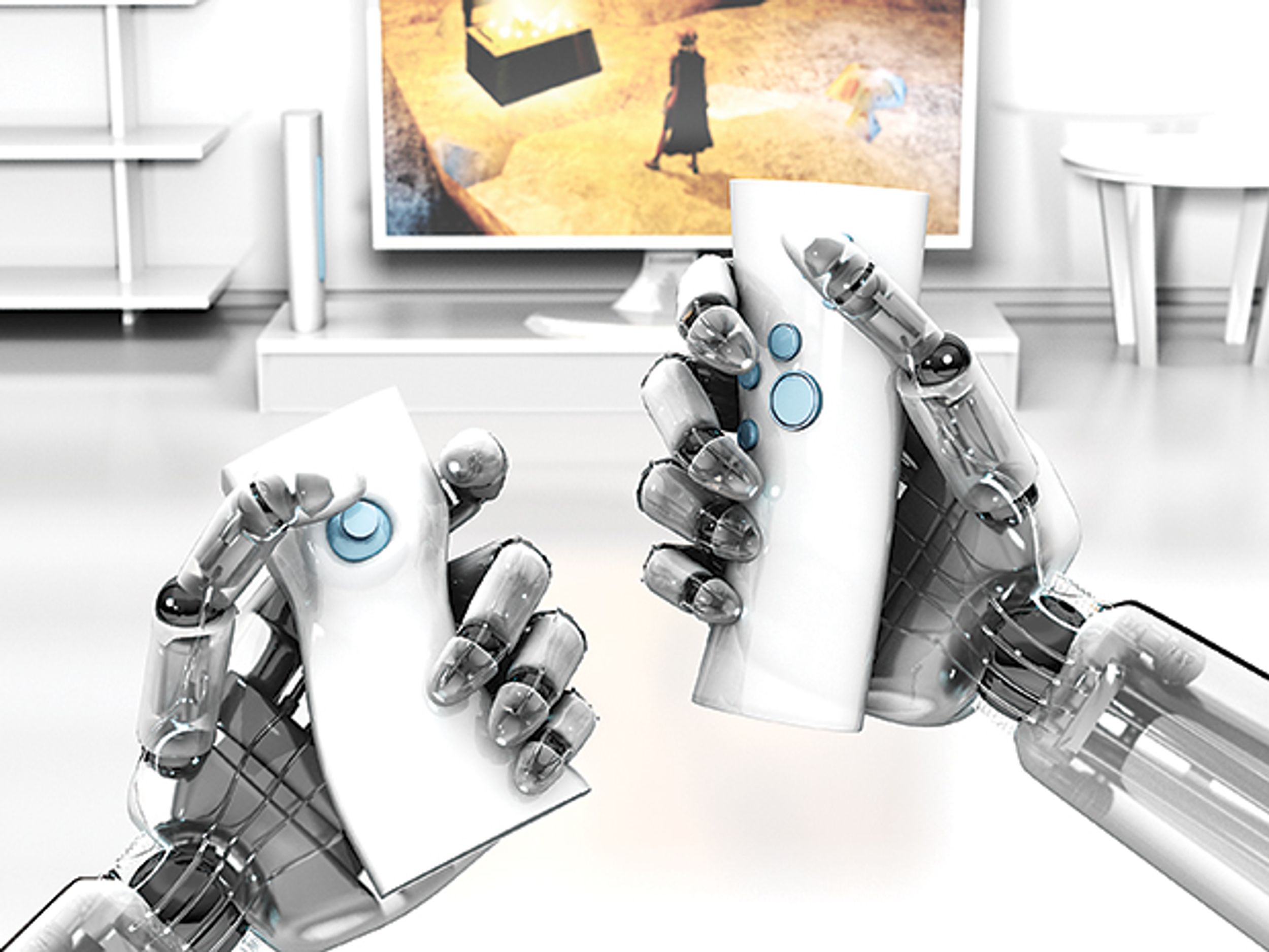 Illustration of bot holding game remotes