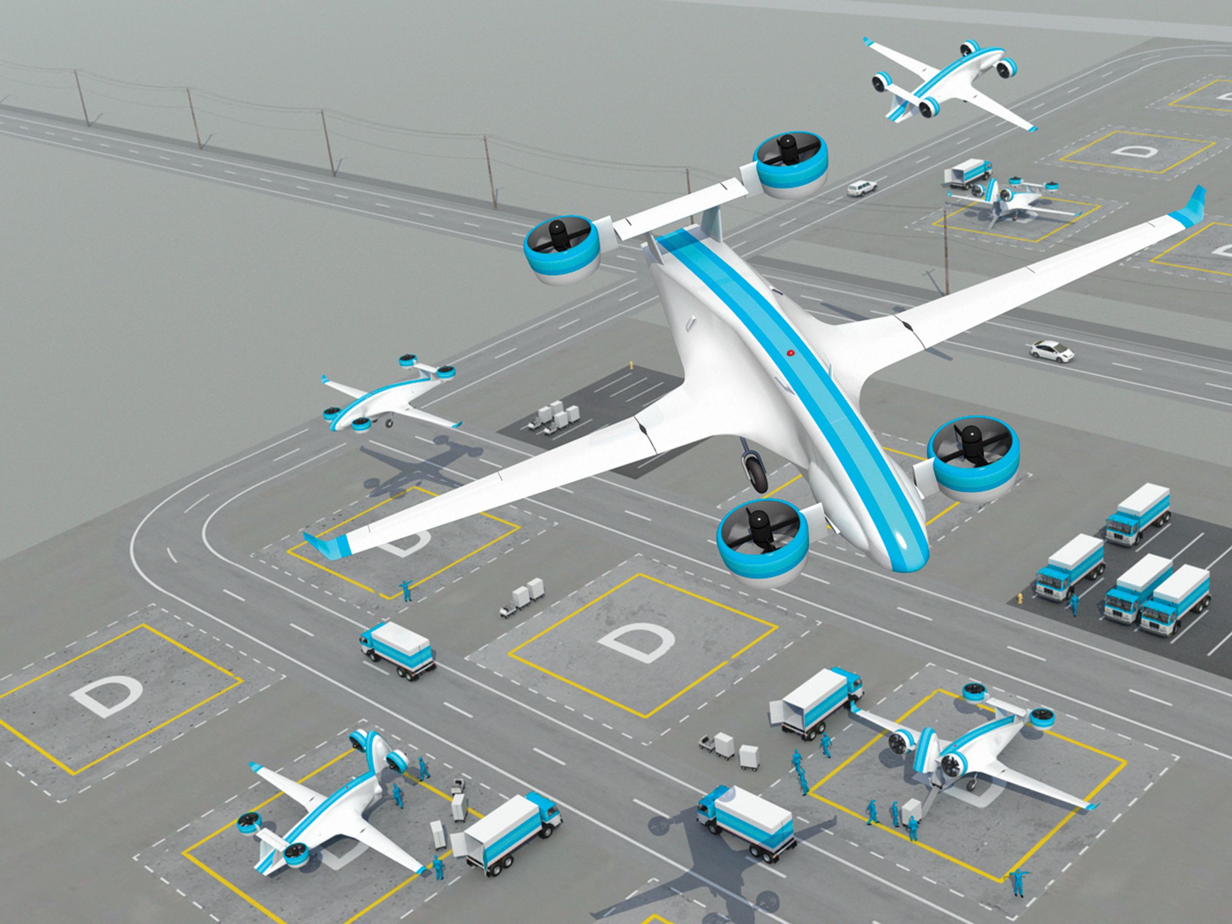 Illustration of cargo drones on a landing field.