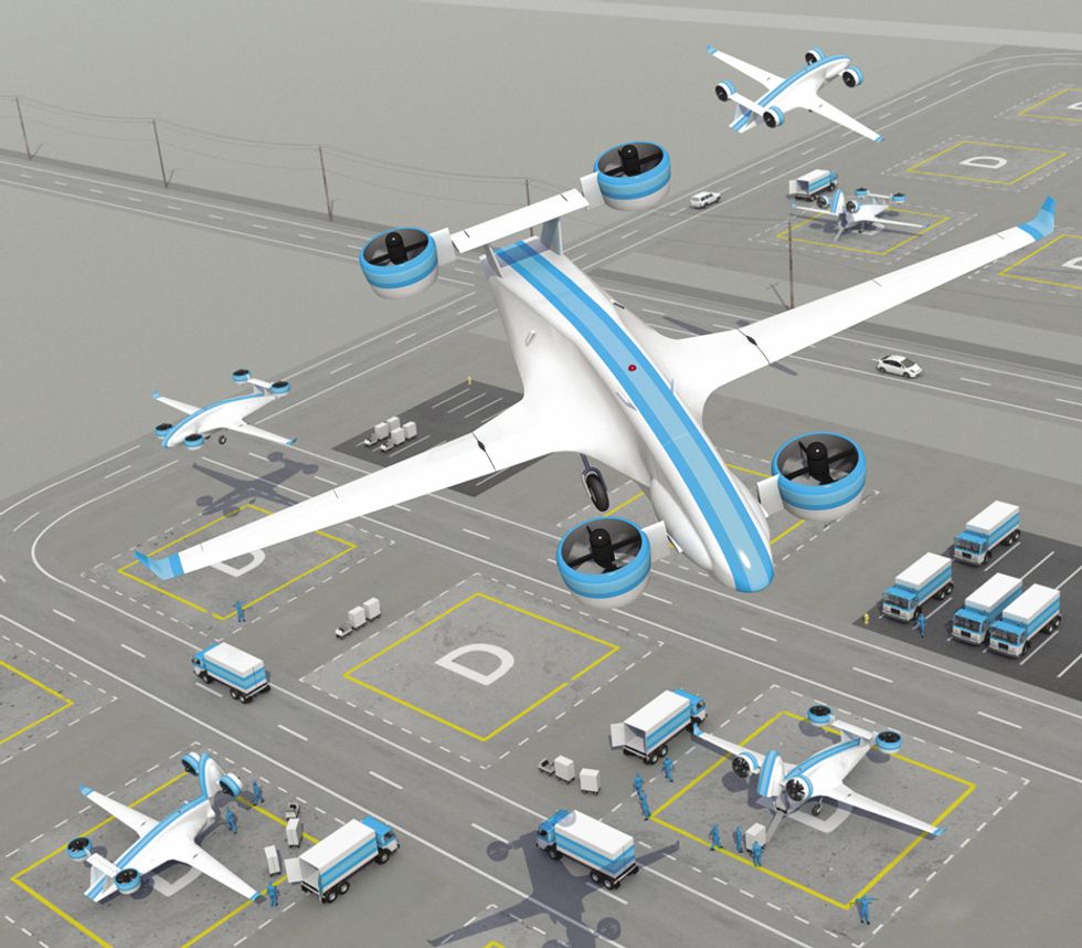 Illustration of cargo drones on a landing field. 