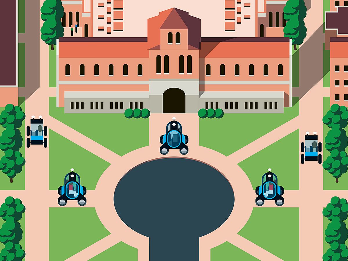 Illustration of cars driving around a campus.