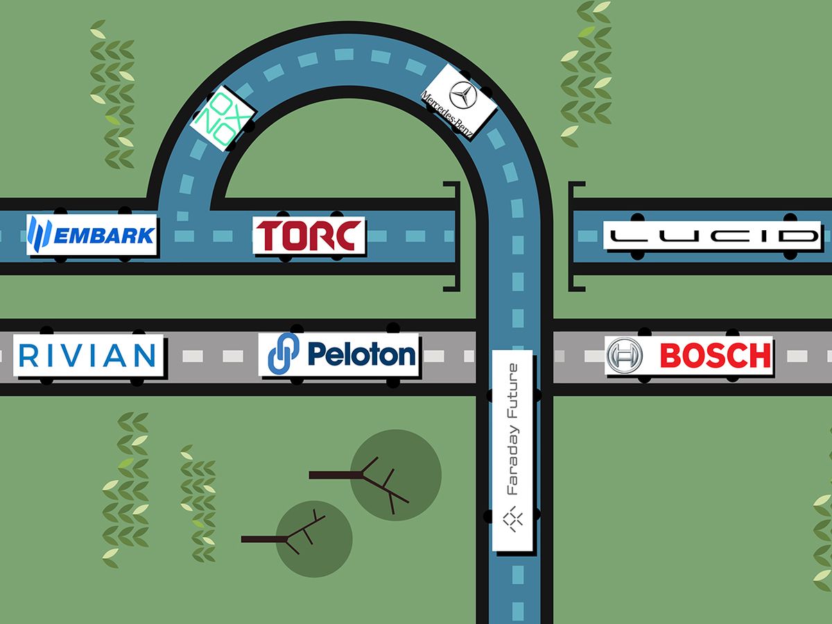 Illustration of cars with company logos on them, driving on a test track.