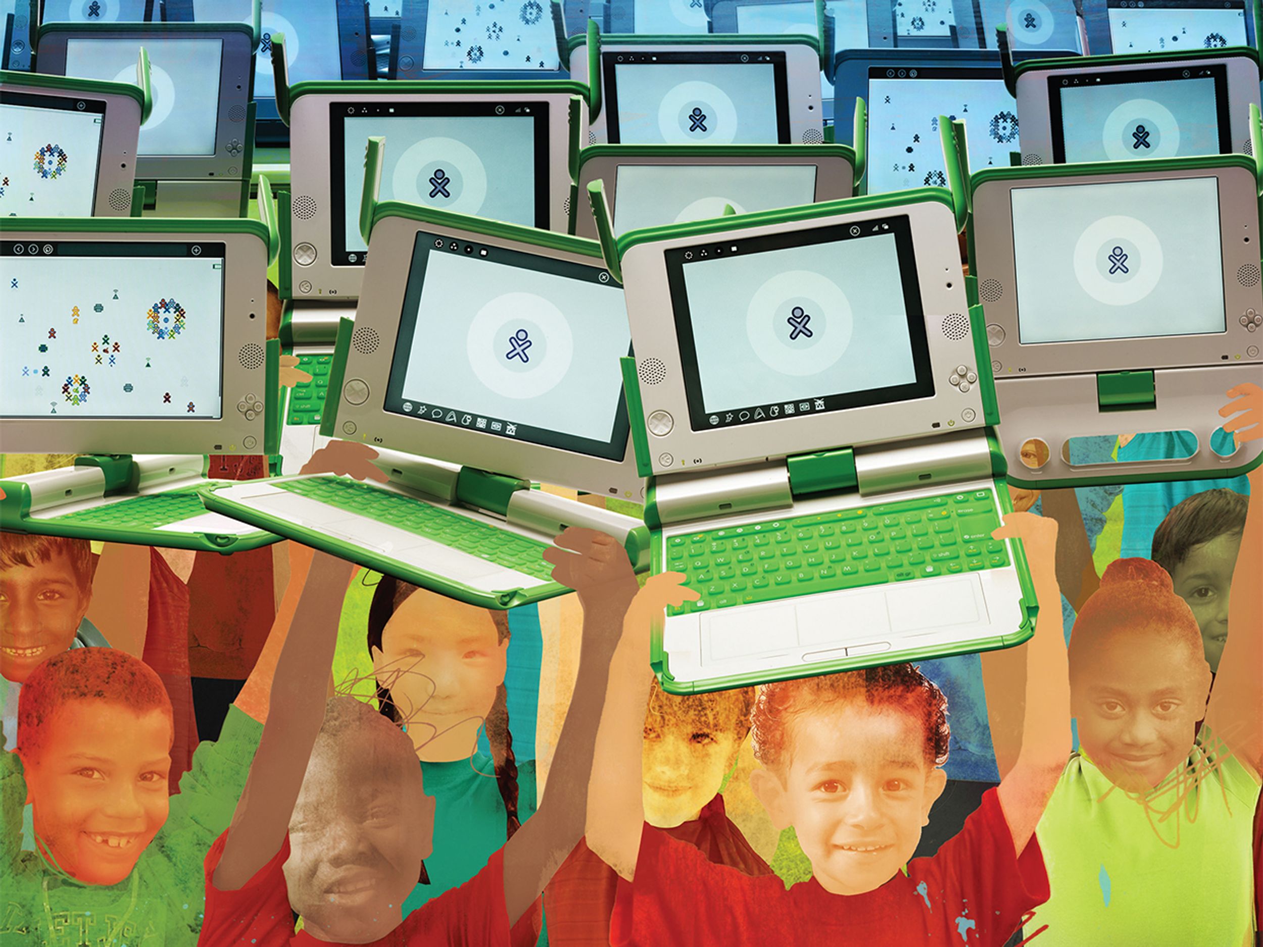 Illustration of children holding up laptops under a blue sky