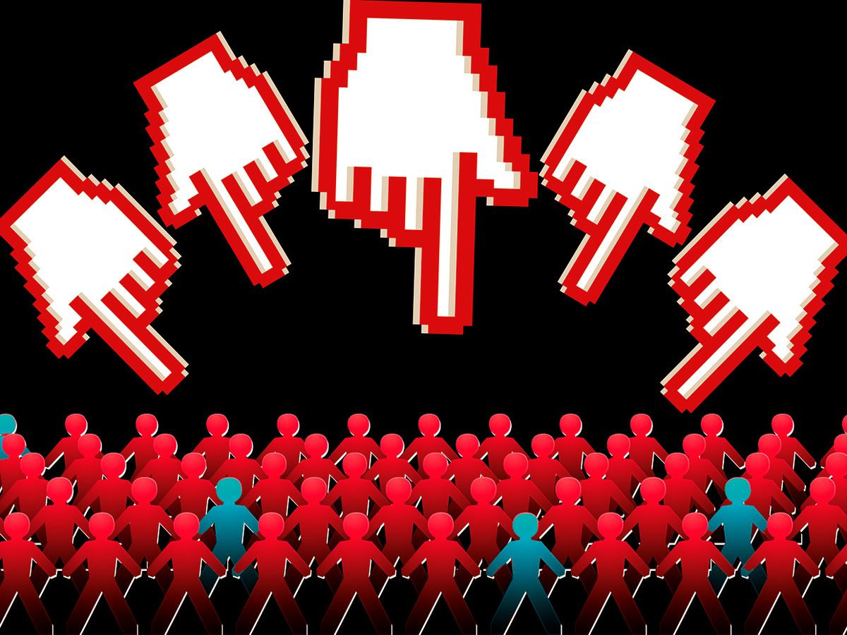 Illustration of computer pointer fingers accusing a group, with most considered guilty.