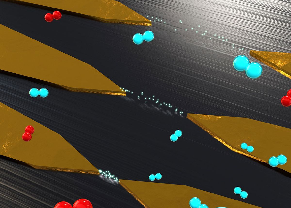 Illustration of electron flows across nanoscale gaps in metal electrode pairs. Only the smallest gap enables scatter-free electron transport.