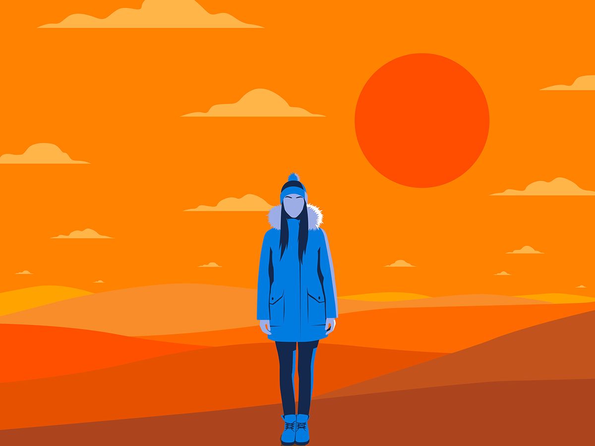 illustration of faceless woman in winter coat with a warm orange background.