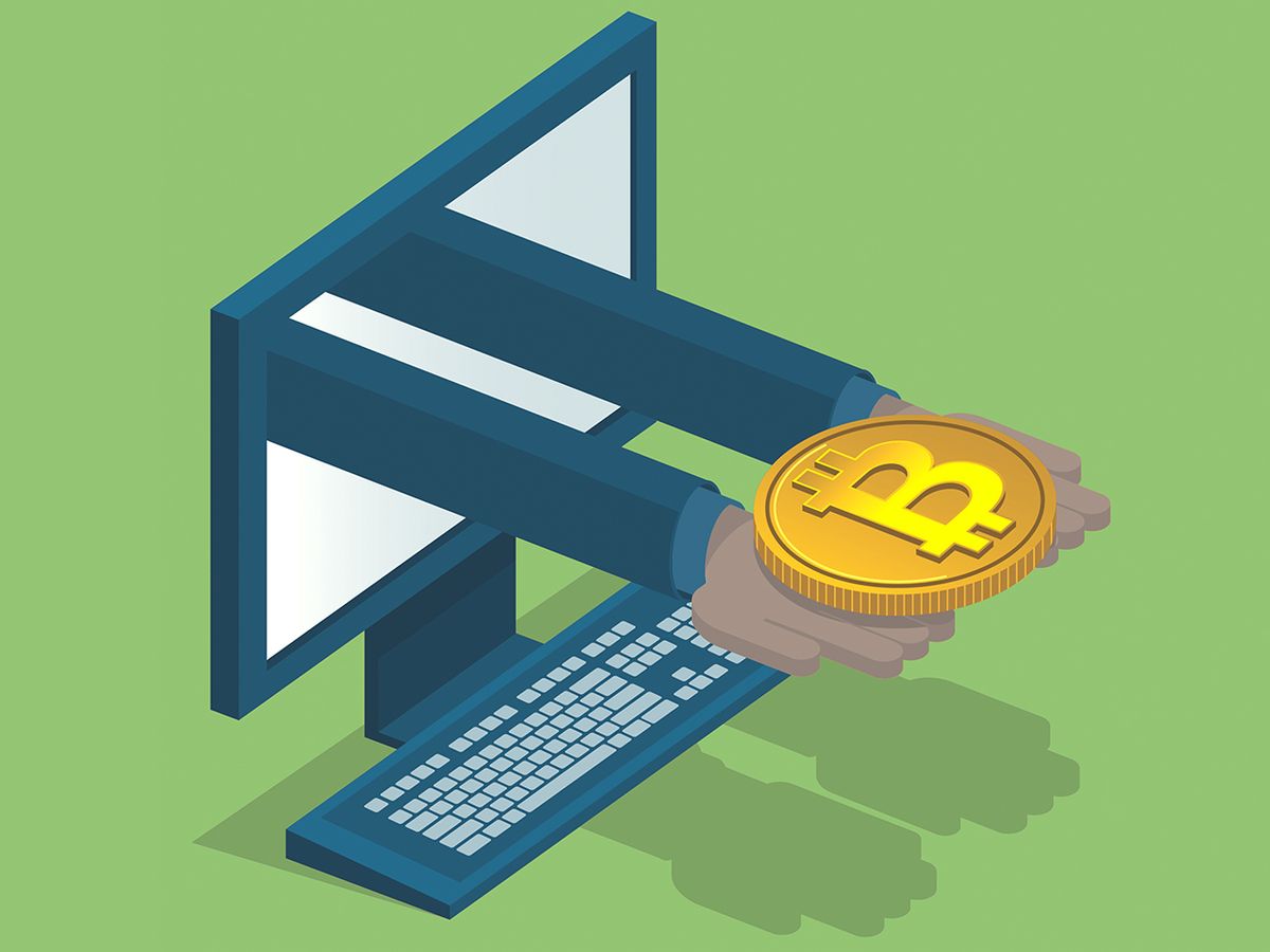 Illustration of hands holding a bitcoin, coming out of a computer.