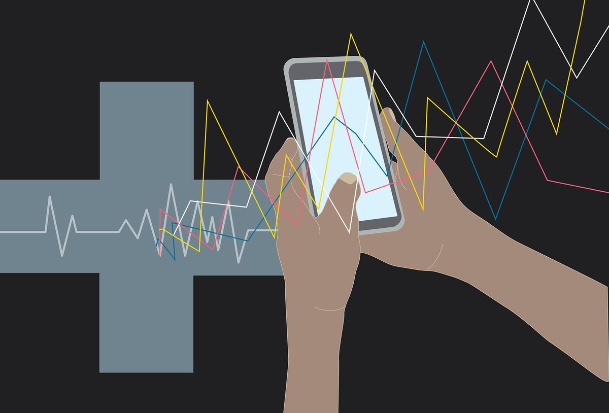 Illustration of hands holding a phone. There is a medical symbol in the background with colored lines coming out of it in a disarrayed pattern.