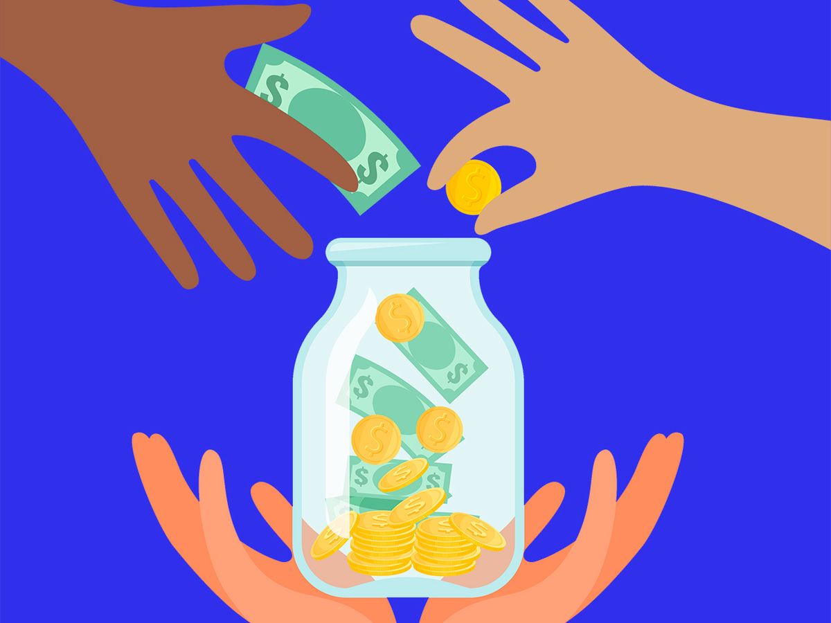 Illustration of hands putting money in a jar.