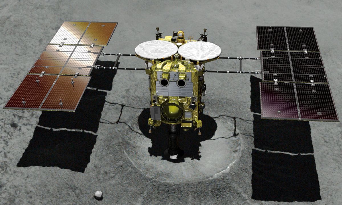Illustration of Hayabusa2 on the asteroid Ryugu.