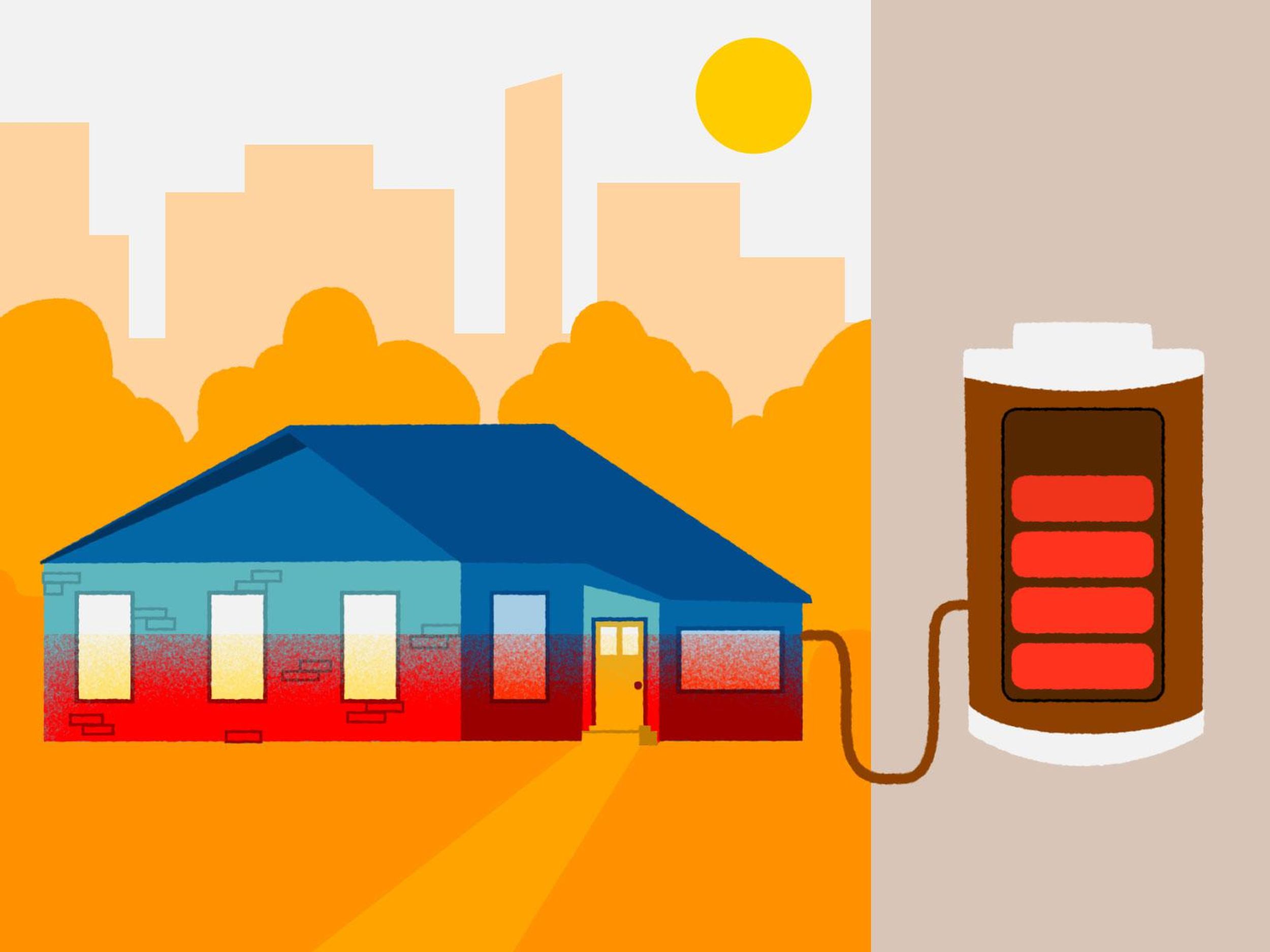 illustration of hot and cold home attached to battery with charge