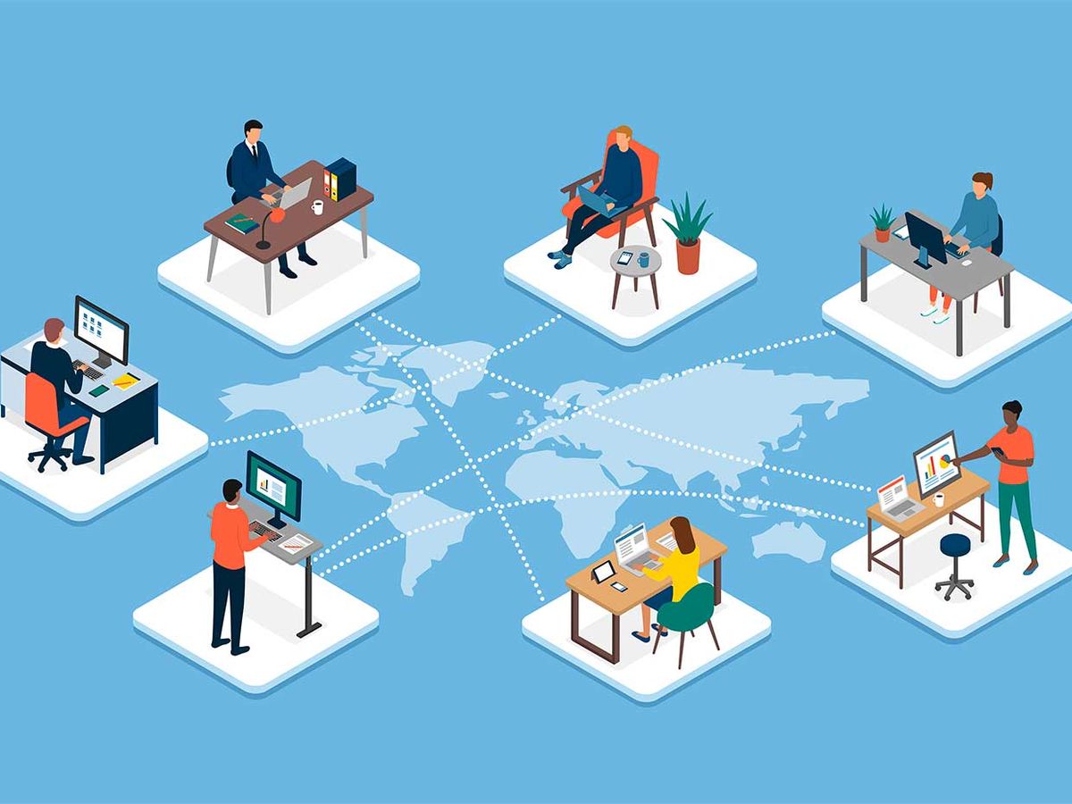 Illustration of individual workers at desks across the globe