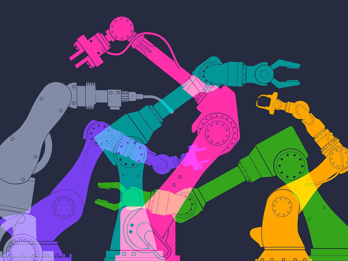 Illustration of industrial robotic arms.