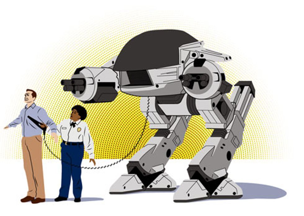 Illustration of man being scanned by airport security robot.
