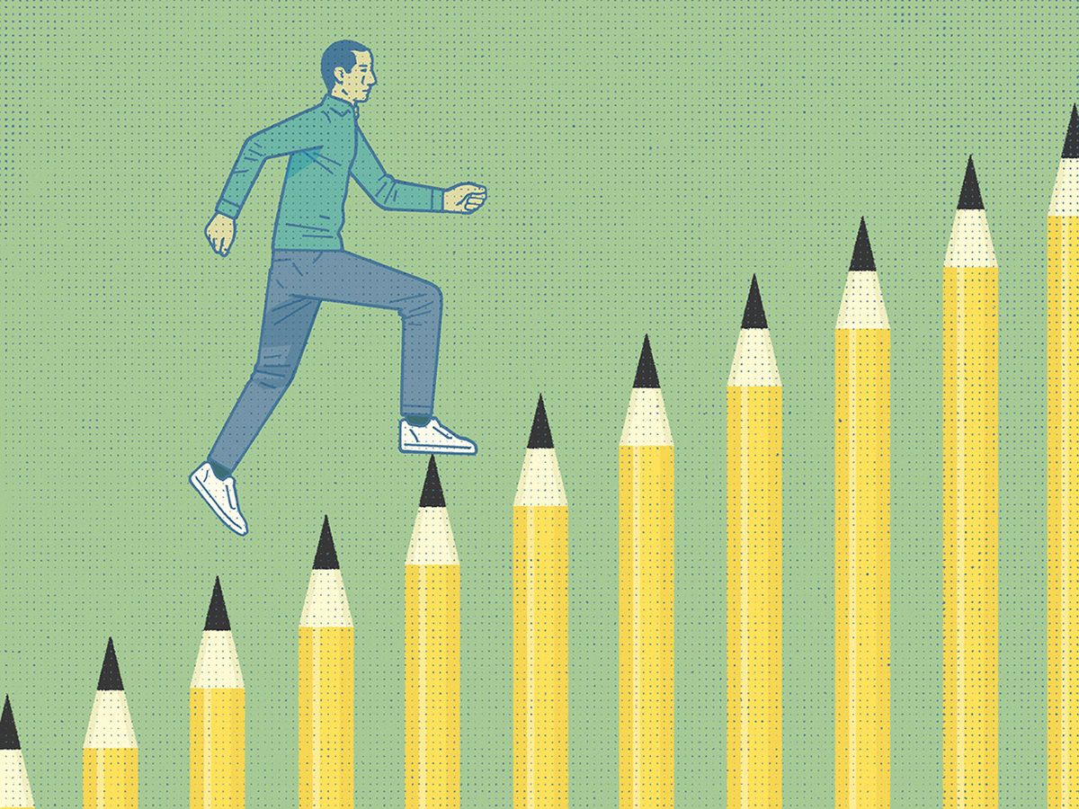 illustration of man climbing up a row of pencils.