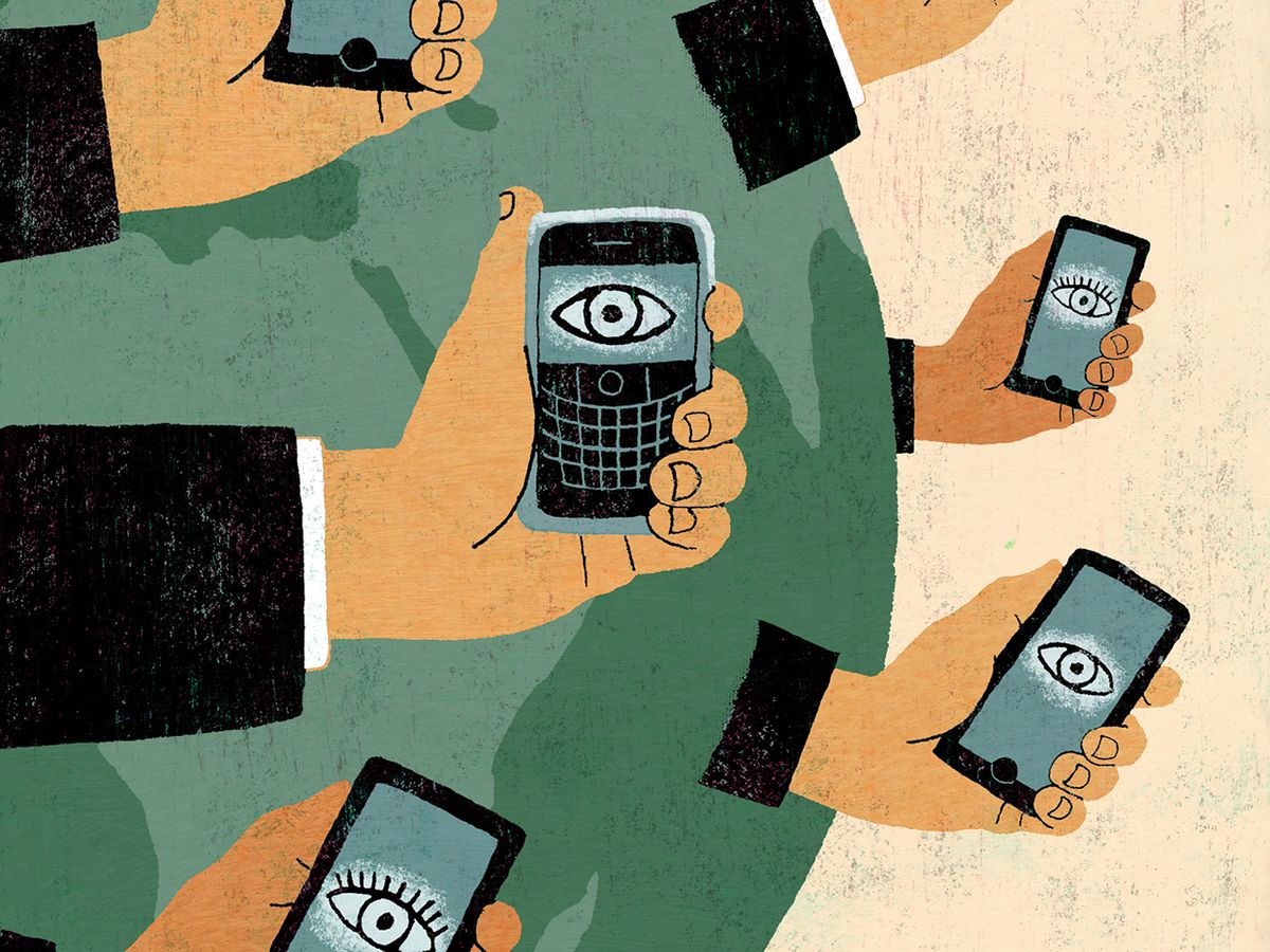 Illustration of many hands around the globe holding mobile phones with screens showing a single eye.