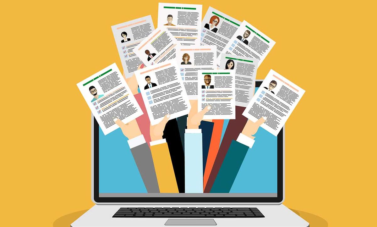 Illustration of many hands holding resumes, coming out of a computer