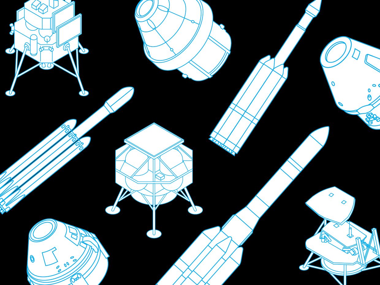 Illustration of moon landers and rockets.