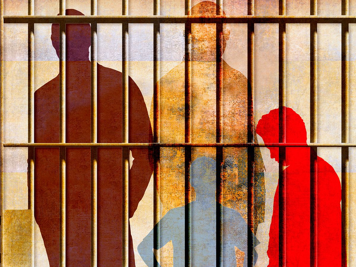 Illustration of multiple figures behind prison bars.