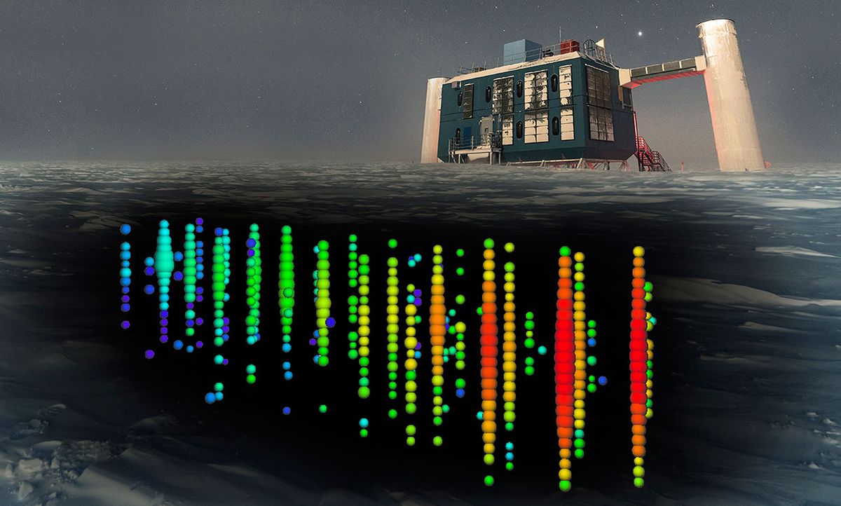 Illustration of neutrinos beneath the IceCube Neutrino Observatory