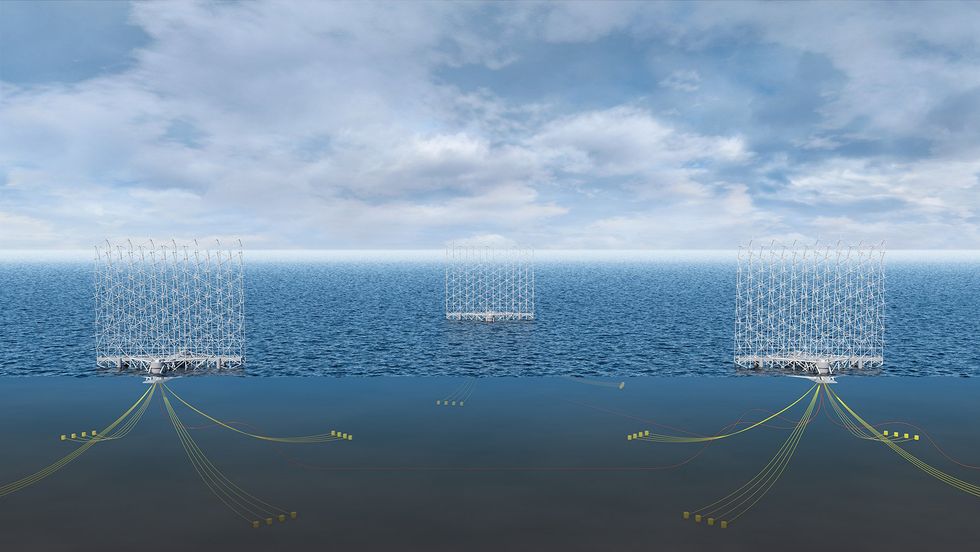 Illustration of offshore wind power structures in the ocean, each having dozens of rotors. 