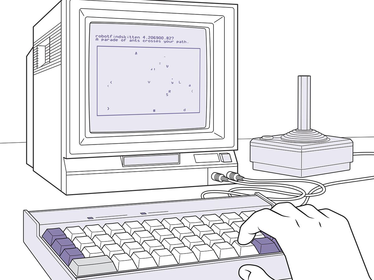 Illustration of old computer monitor, keyboard and joystick, with hand on keyboard.