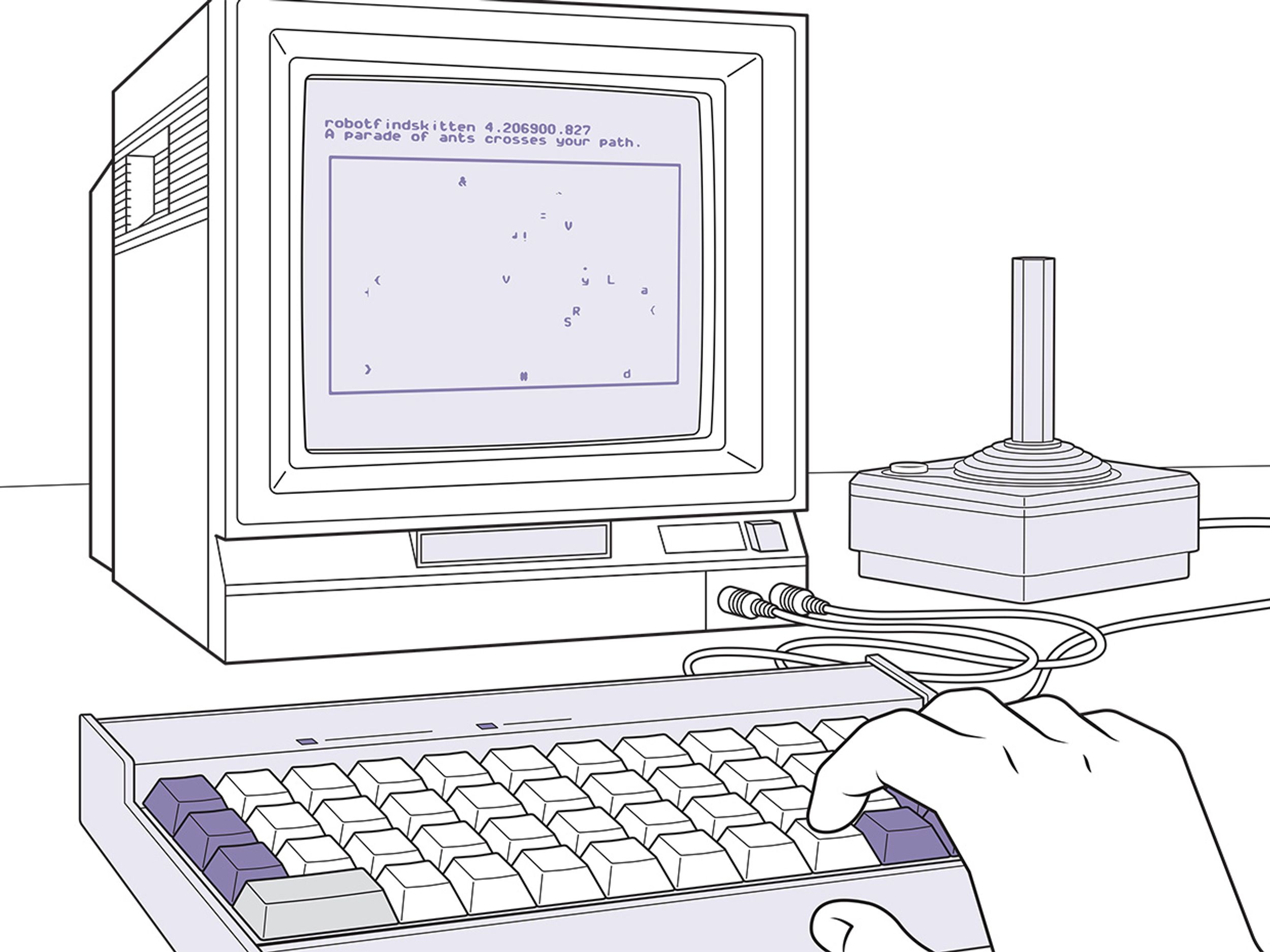 Illustration of old computer monitor, keyboard and joystick, with hand on keyboard.