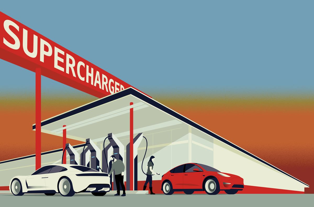 Illustration of people charging their cars at a charging station.