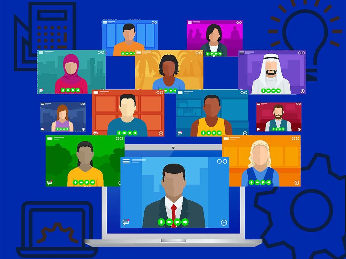 Illustration of people on video with technical icons
