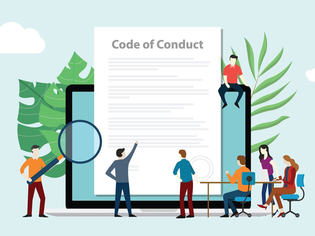 illustration of people standing around a life-size laptop with a paper in front that reads “Code of Conduct”