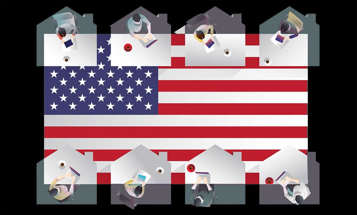 Illustration of people working in home icons, on top of American Flag icon