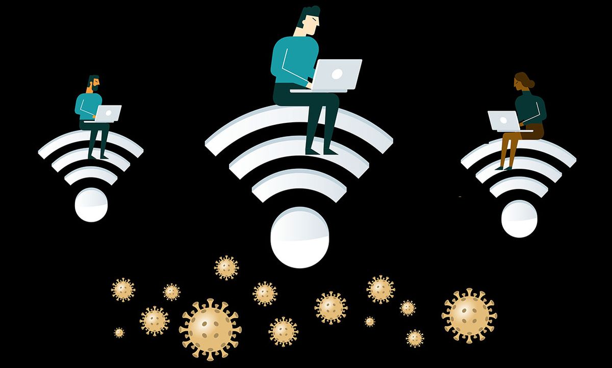 Illustration of people working on computers with icons of COVID-19 virus