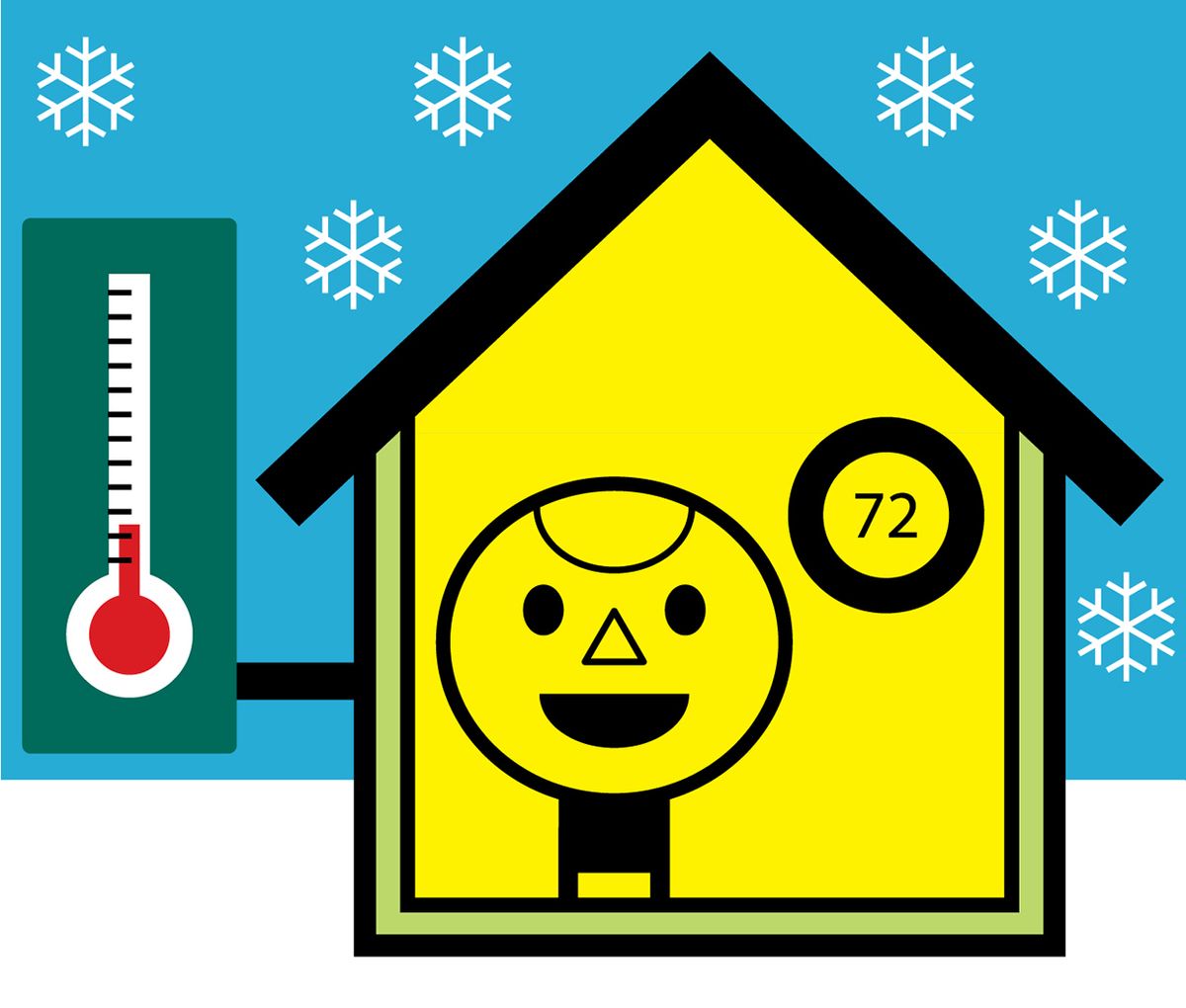 illustration of person in house with inside and outside temperature readings